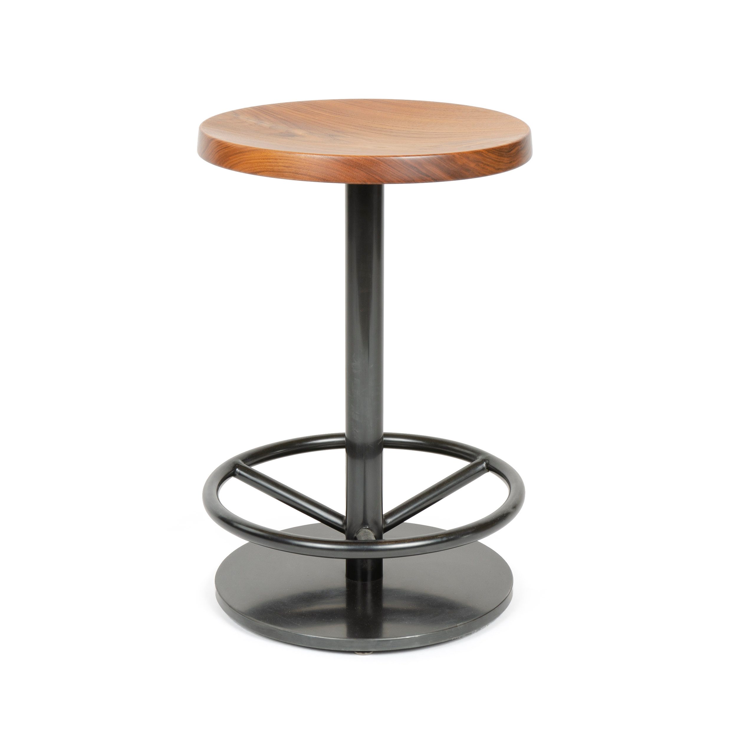 Swivel Counter Stool with Turned Seat in Walnut and Blackened Steel