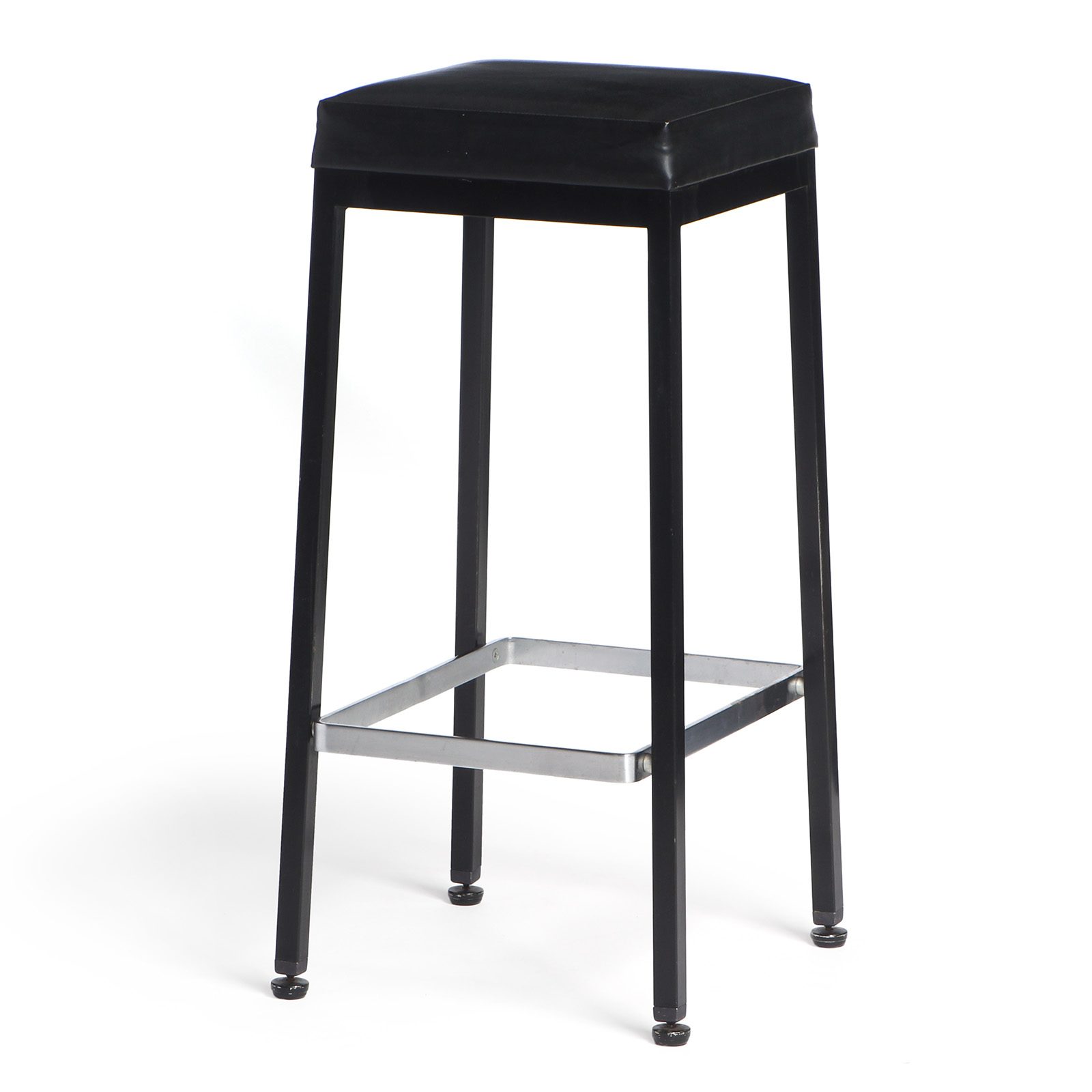 Rare and Original 1960s production bar stool in enameled steel and brushed chrome steel with the vintage naugahyde upholstered seats, Knoll Associates Design and Manufacture.