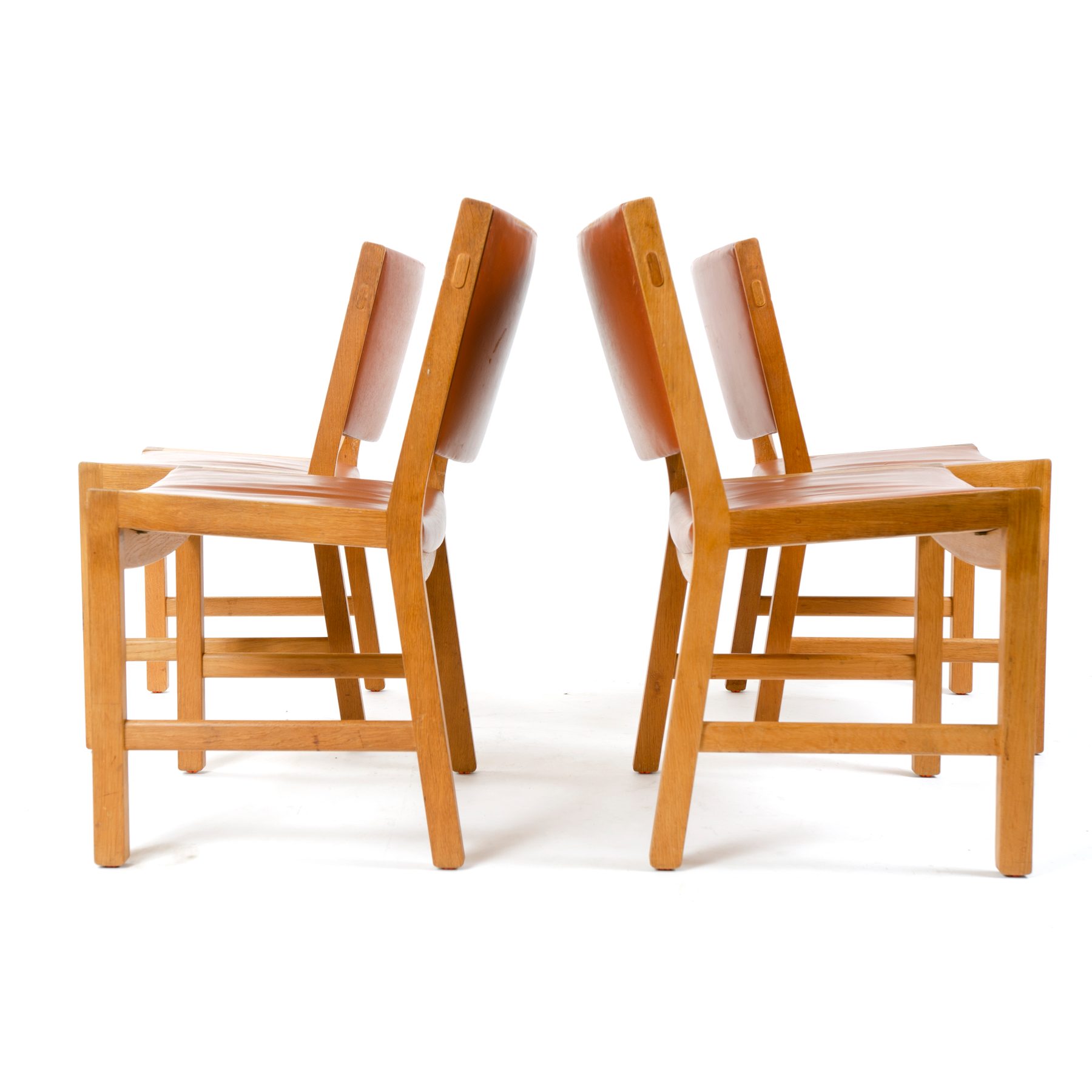 Set of Four Oak and Leather Chairs