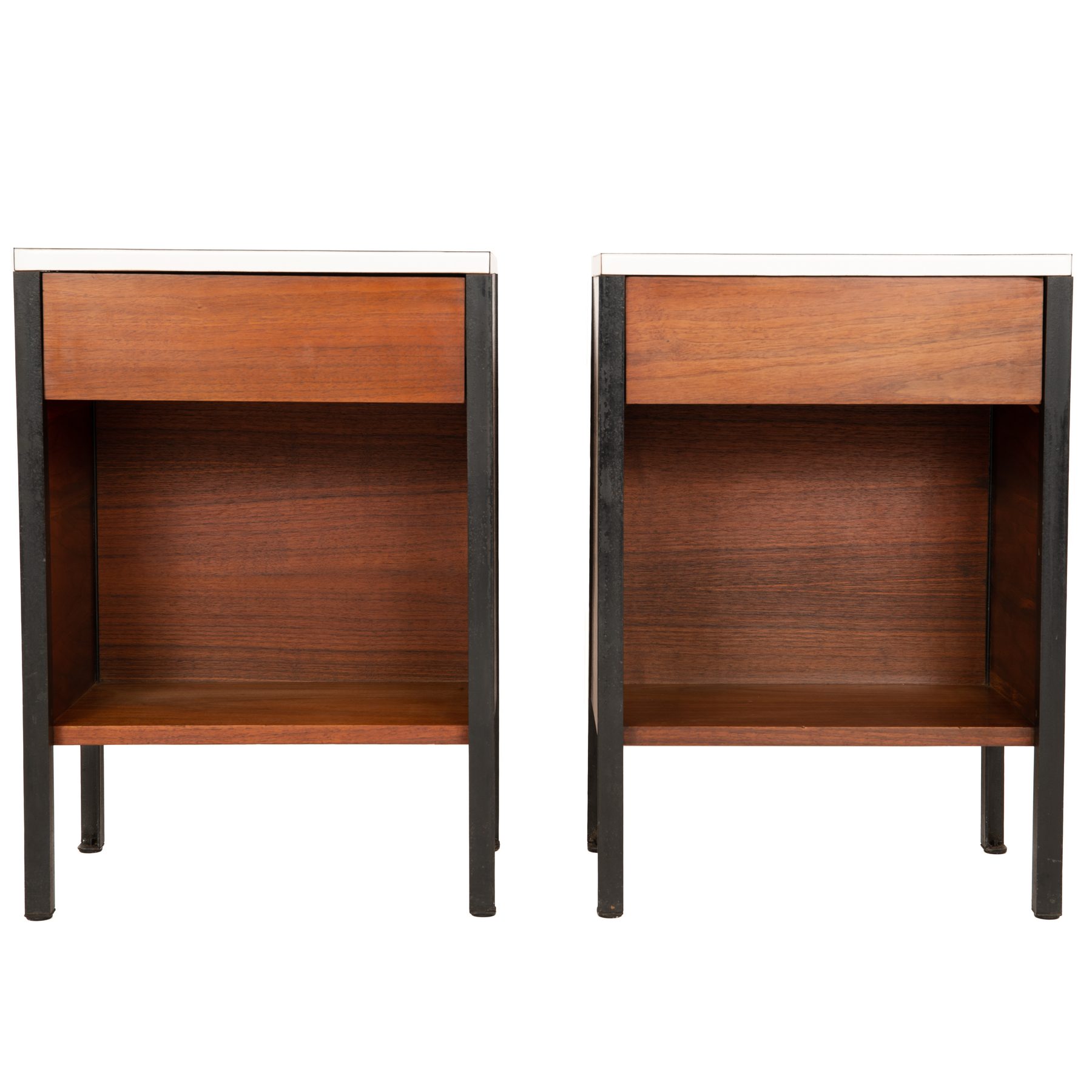 A Pair of Steel Frame Walnut Side Tables/Night Stands
