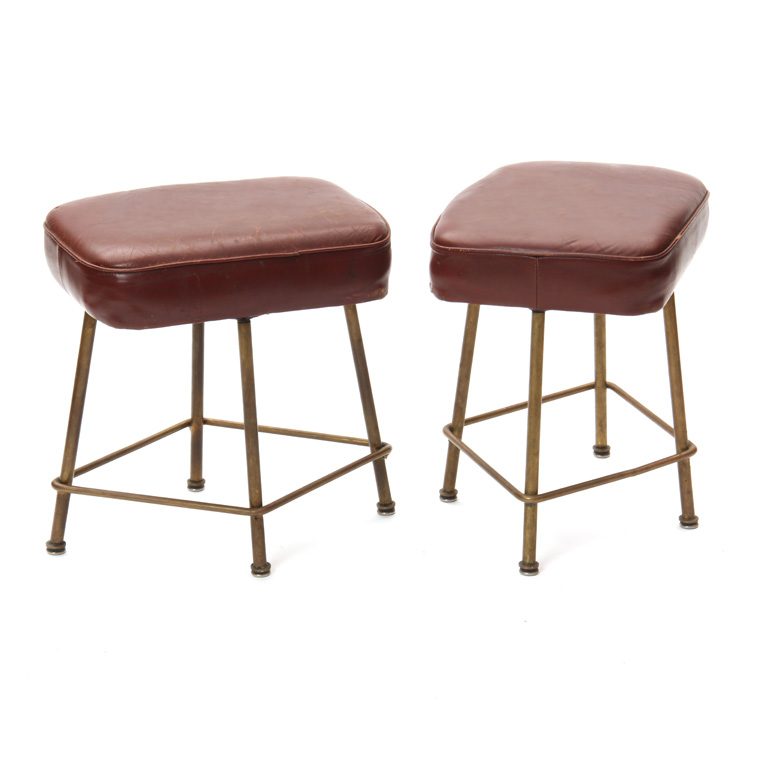 A Pair of Bronze Frame Stools with Leather Seats