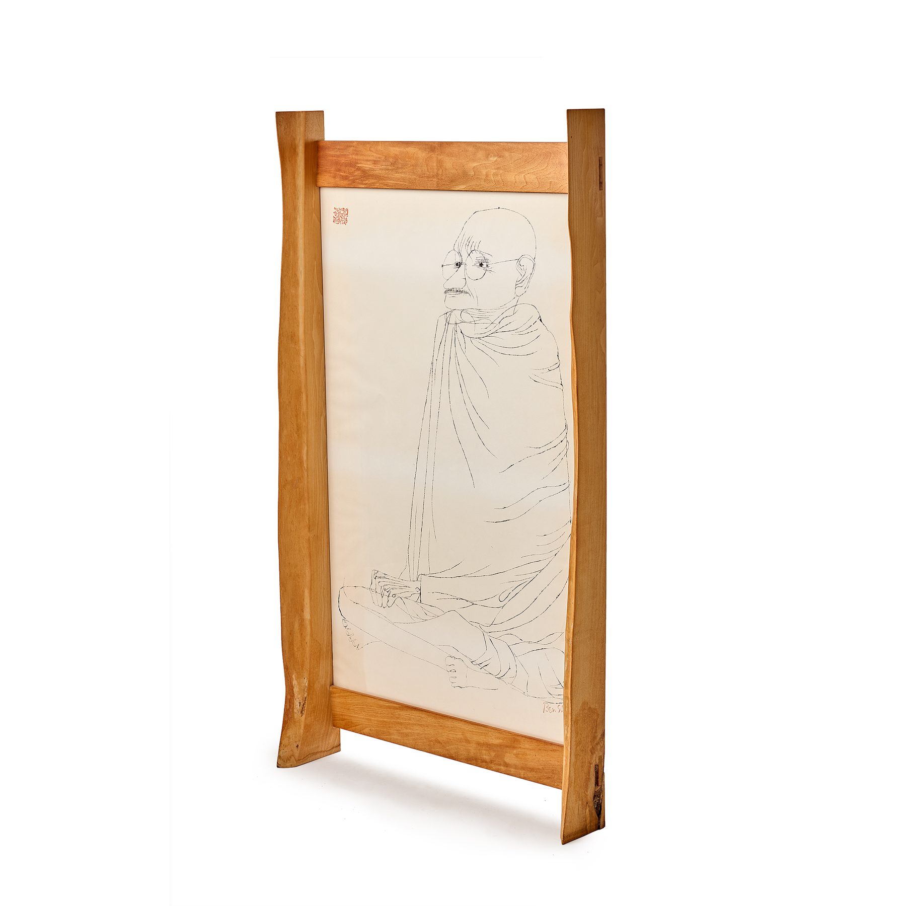 Cherry Natural Edge Frame w/ Ben Shahn's 'Ghandi'Serigraph
