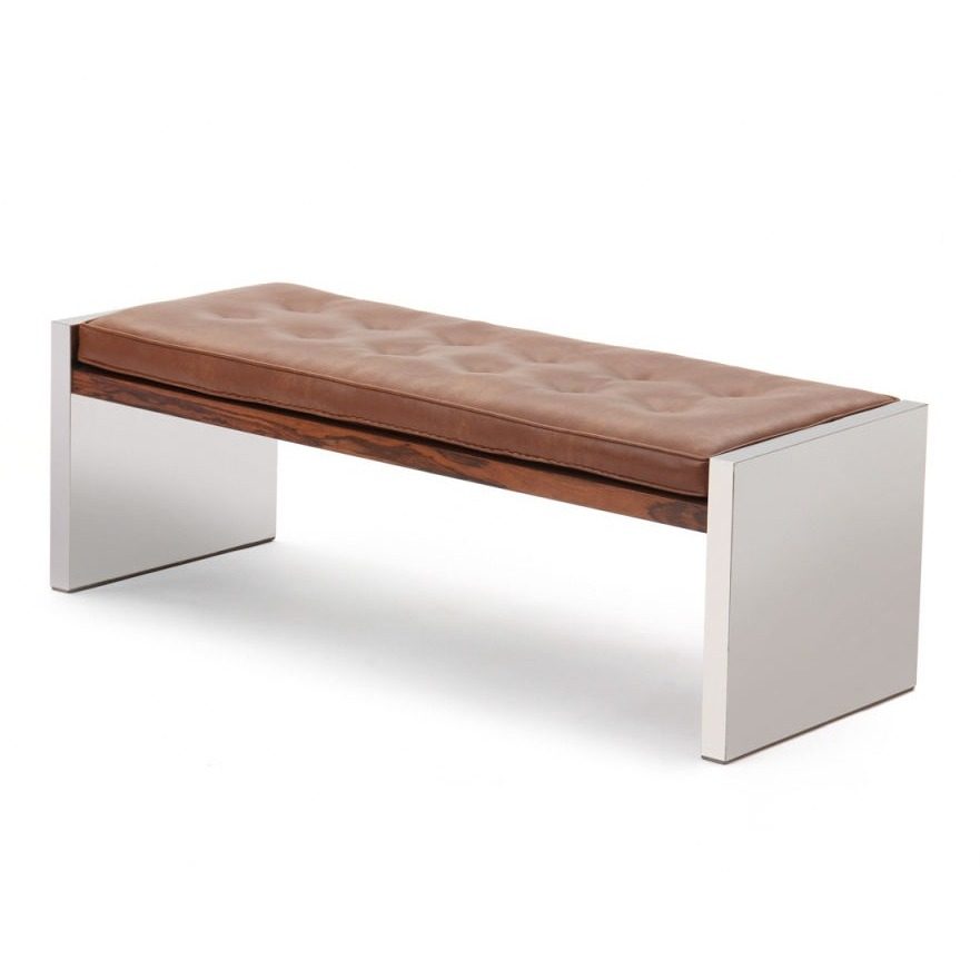 A Stainless Steel Rosewood and Leather Bench