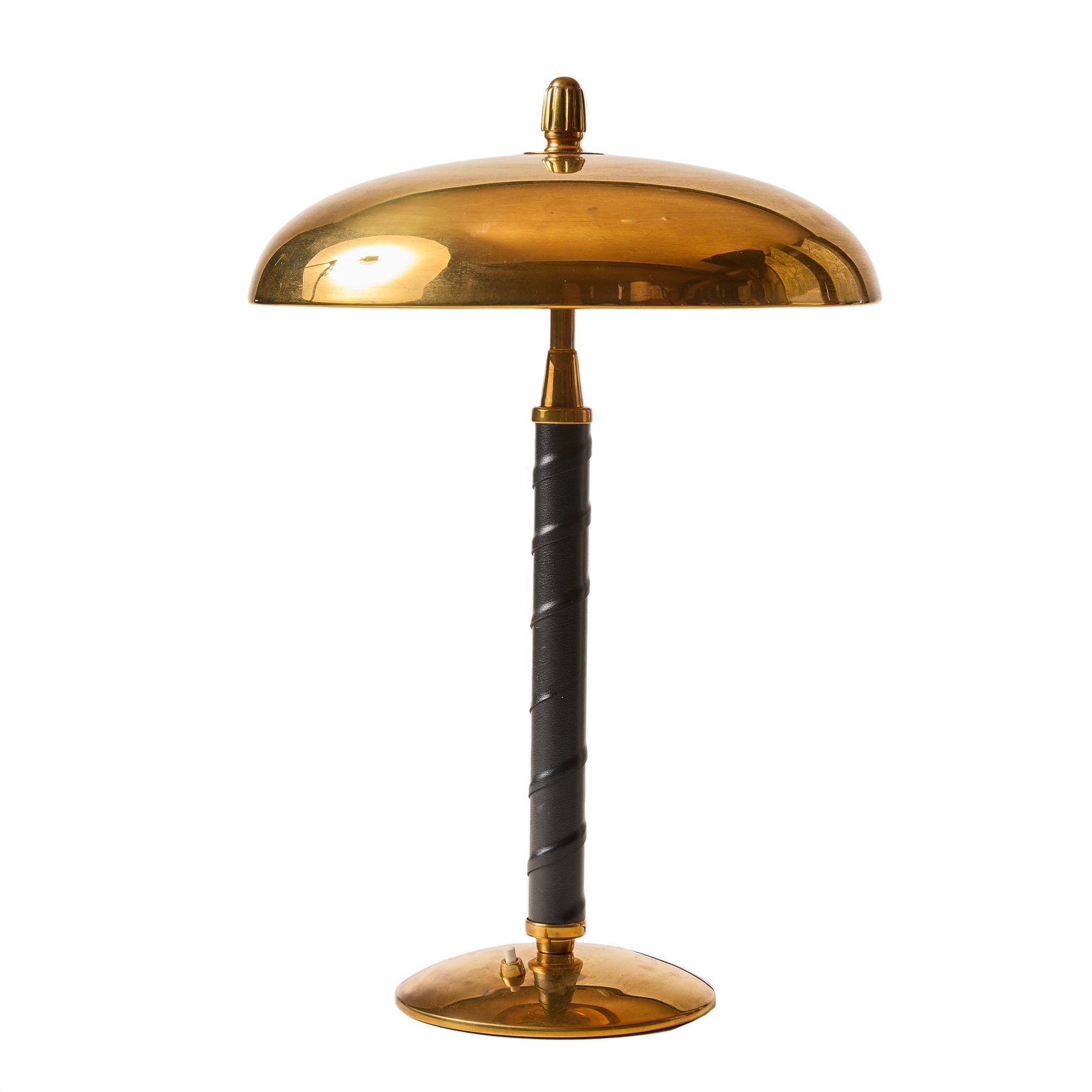 Scandinavian Modern Brass Lamp with a spiraled black leather stem