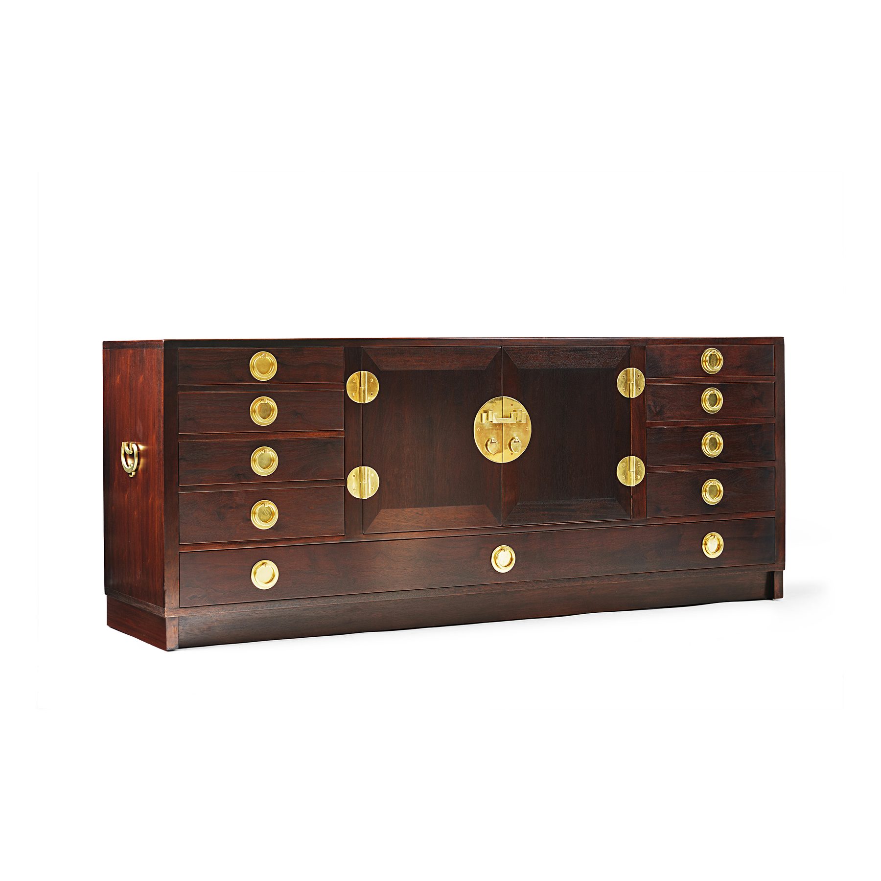 Modernist sideboard cabinet with unique bronze hardware.