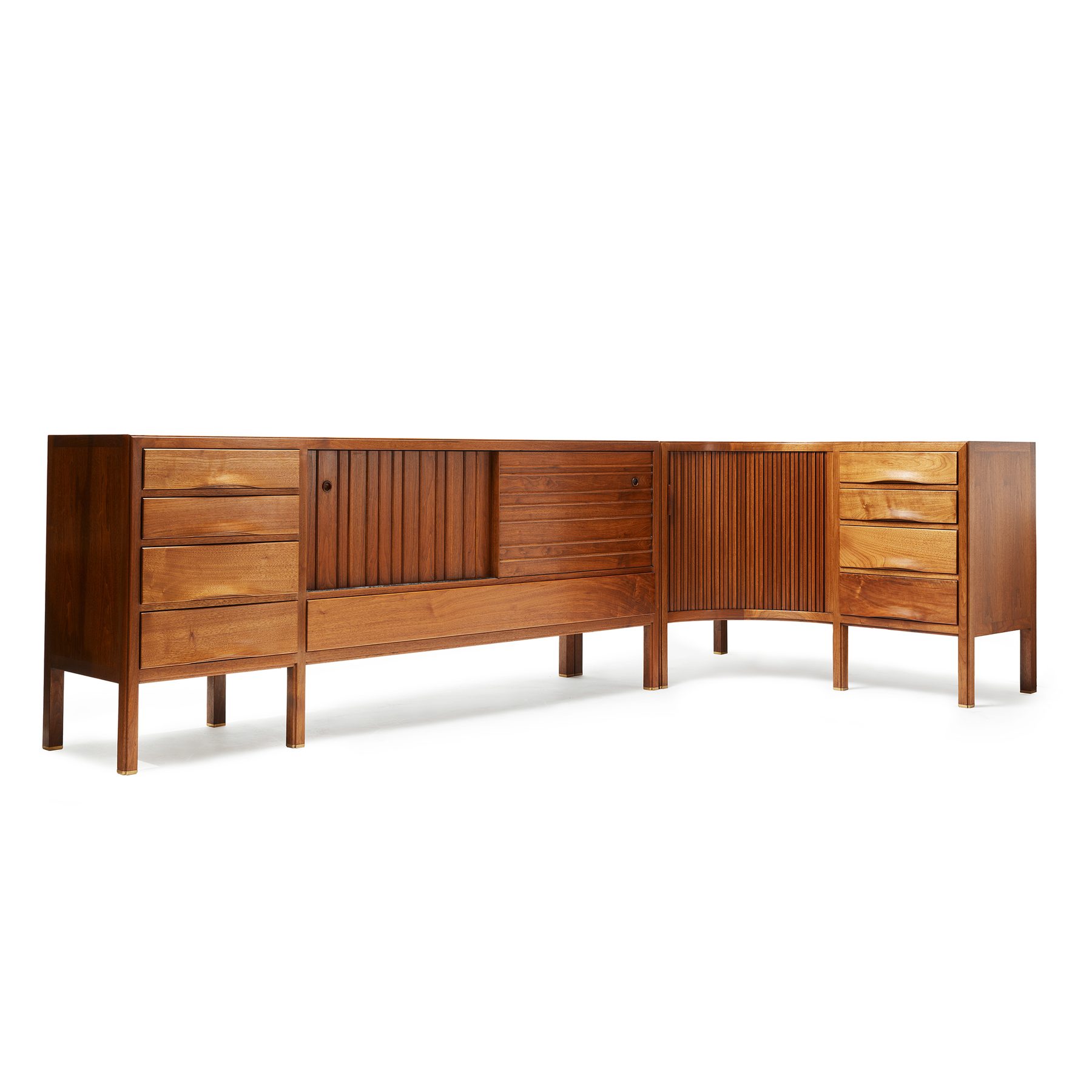 A Corner Walnut Sideboard With Tambour Doors